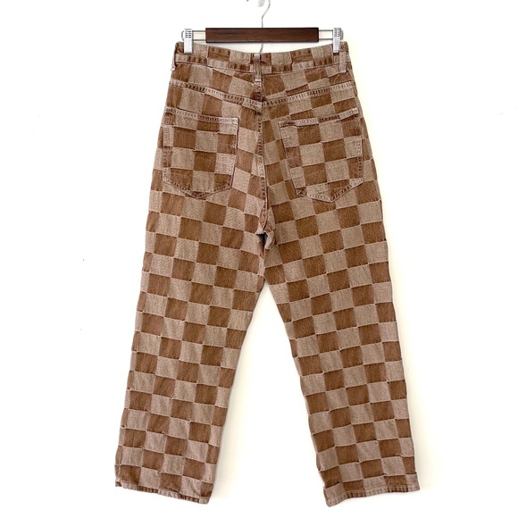 Unisex Brown Checkered Straight Leg Jeans Streetwear Unique Skater Size 29 - Picture 2 of 4
